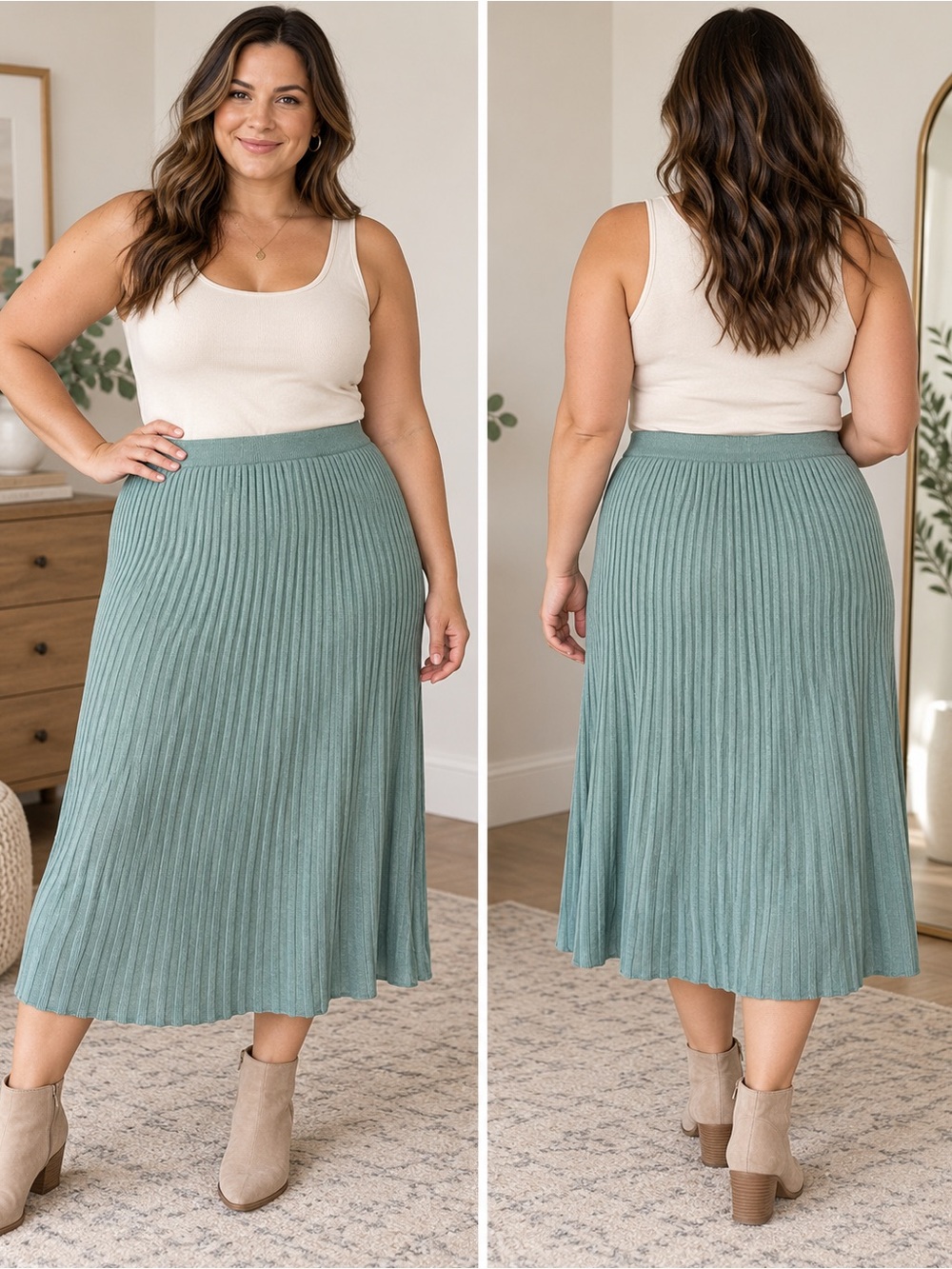 Unbranded Ribbed Midi Skirt in Sage Green Size 14 Quiet Luxury Minimalist